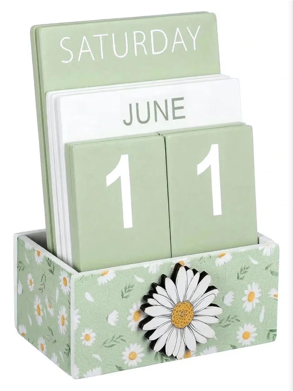 Perpetual Wooden Desk Calendar - Sage Green Daisy